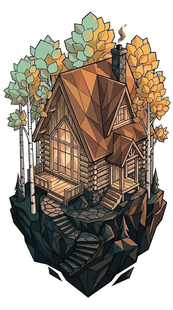 Geometric illustration of a Park County home surrounded by conifer forest